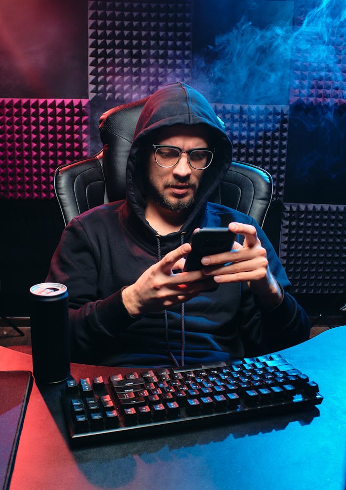 A seated tech-savvy adult using a smartphone in a gaming room.
